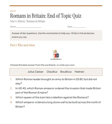 Page 1 of Romans in Britain: End of Topic Quiz, made by Baker