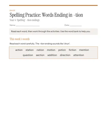 Page 1 of Spelling Practice: Words Ending in -tion, made by Baker