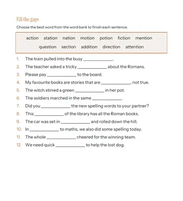 Page 3 of Spelling Practice: Words Ending in -tion, made by Baker