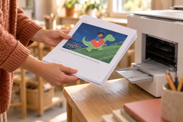 A teacher holding a freshly printed page of a Baker picture book