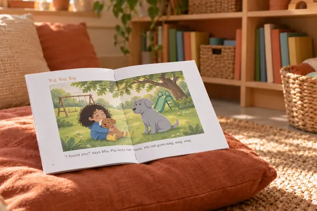 A printed Baker picture book open on a cushion in a reading corner