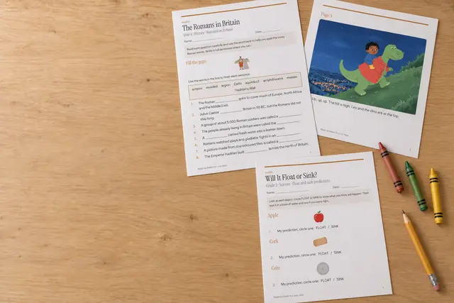 Printed Baker worksheets and a picture book page on a classroom table